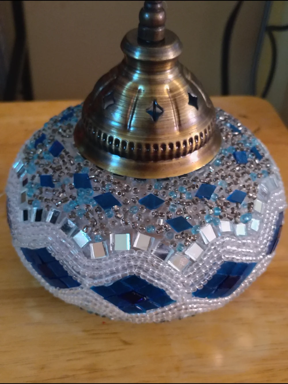 Handcrafted Mosaic Blue Glass Lantern with Antique Brass Accent - Unbranded